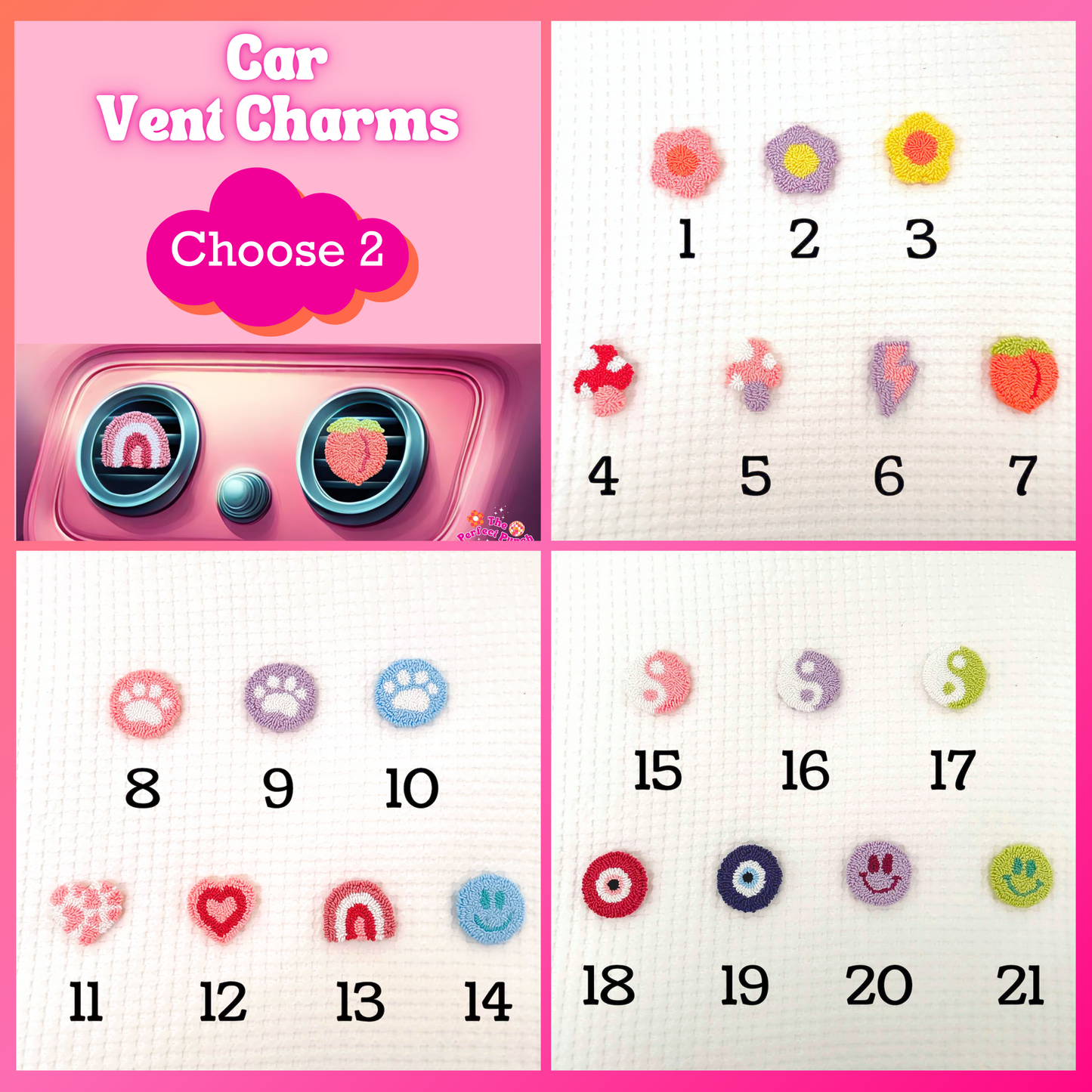 Punch Needle Car Decor Bundle | 2 Car Coasters + 2 Car Vent Charms
