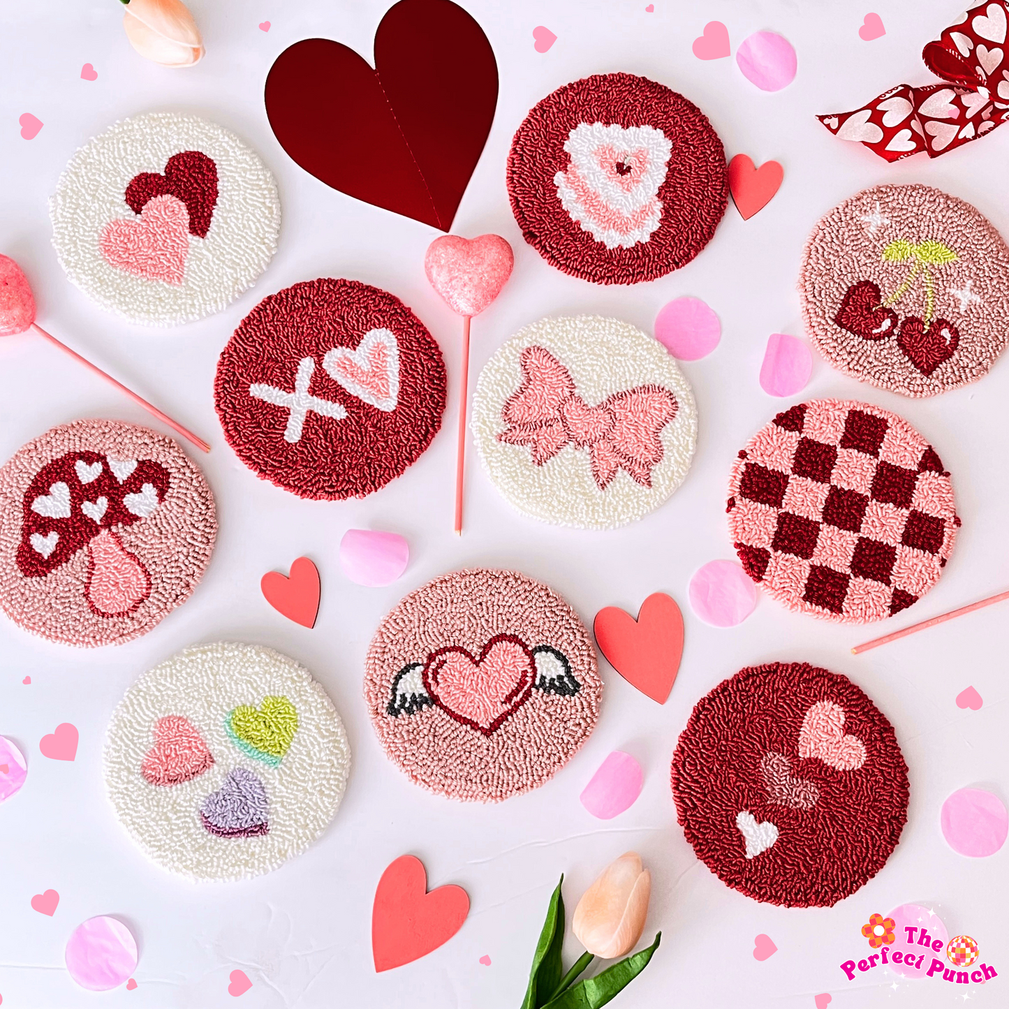 Coquette Punch Needle Mug Rug Coasters