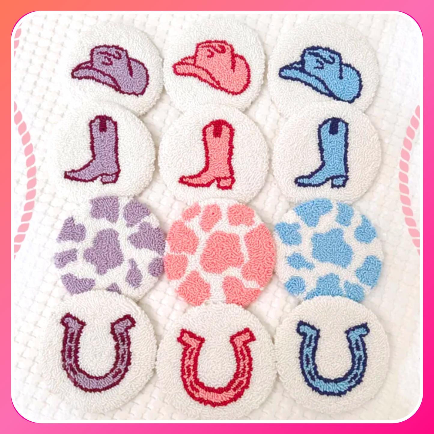 Disco Cowgirl Western Punch Needle Mug Rug Coasters