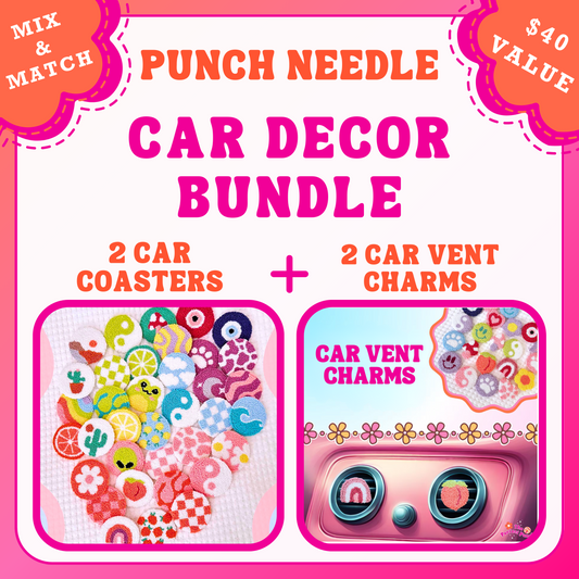 Punch Needle Car Decor Bundle | 2 Car Coasters + 2 Car Vent Charms