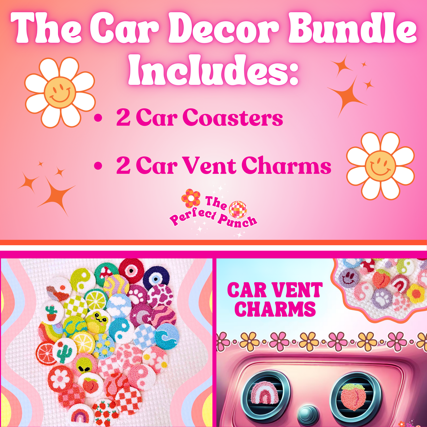Punch Needle Car Decor Bundle | 2 Car Coasters + 2 Car Vent Charms