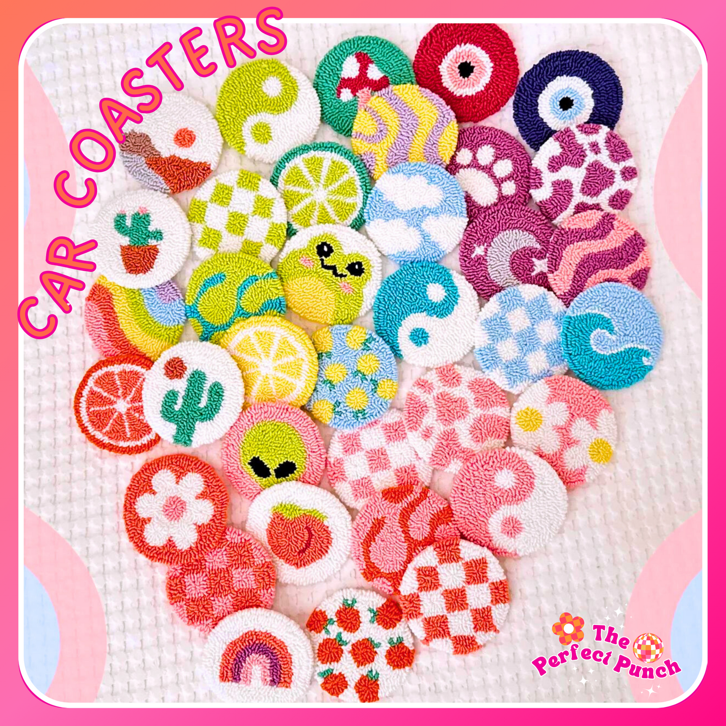 Punch Needle Car Decor Bundle | 2 Car Coasters + 2 Car Vent Charms