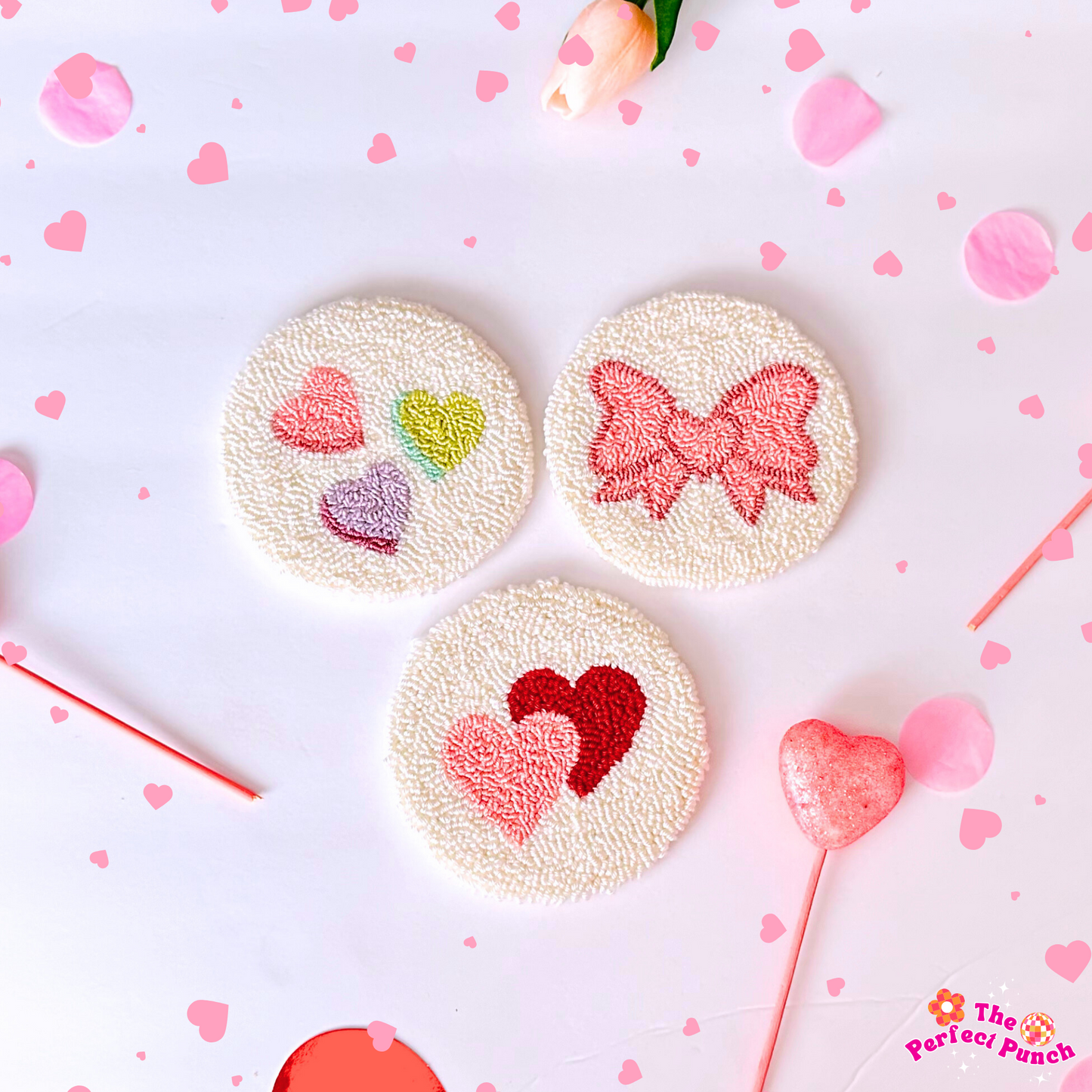 Coquette Punch Needle Mug Rug Coasters