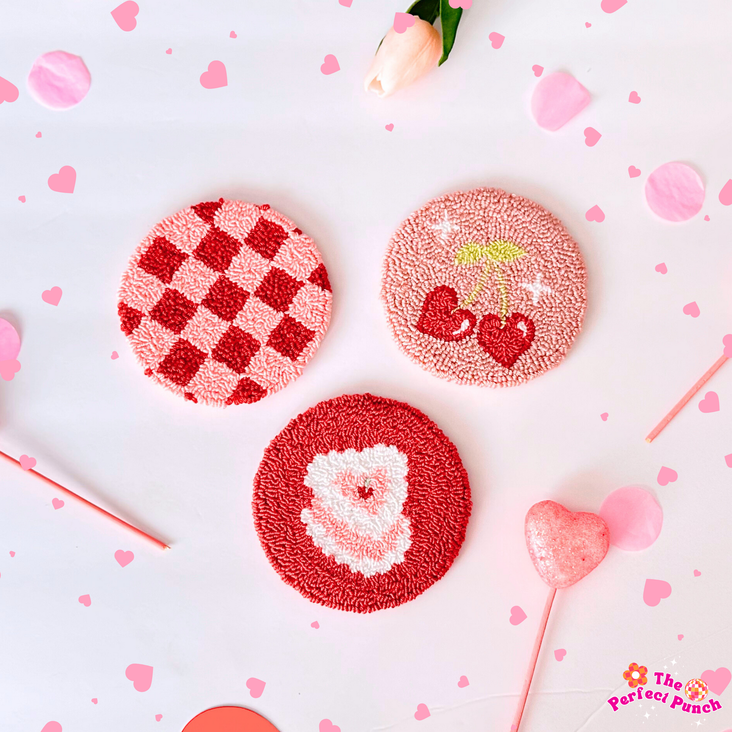 Coquette Punch Needle Mug Rug Coasters