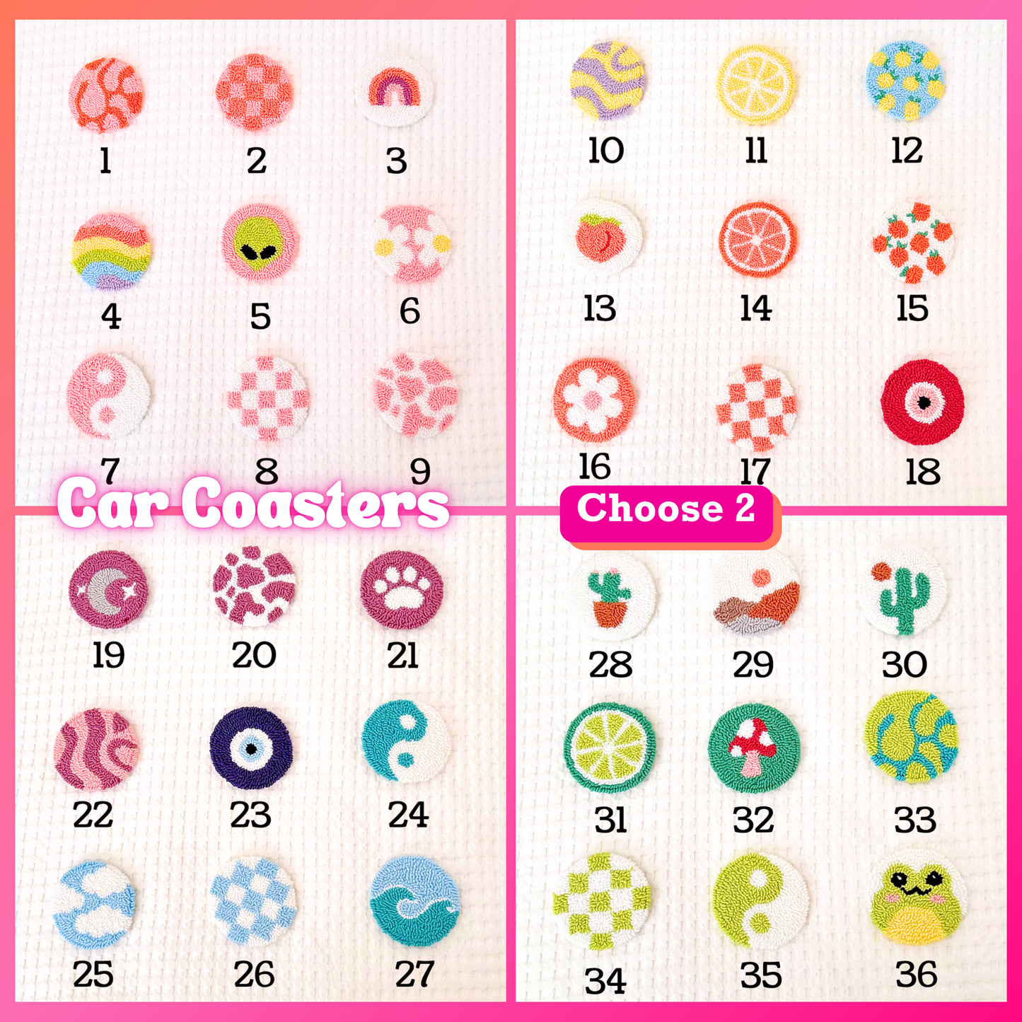 Punch Needle Car Decor Bundle | 2 Car Coasters + 2 Car Vent Charms