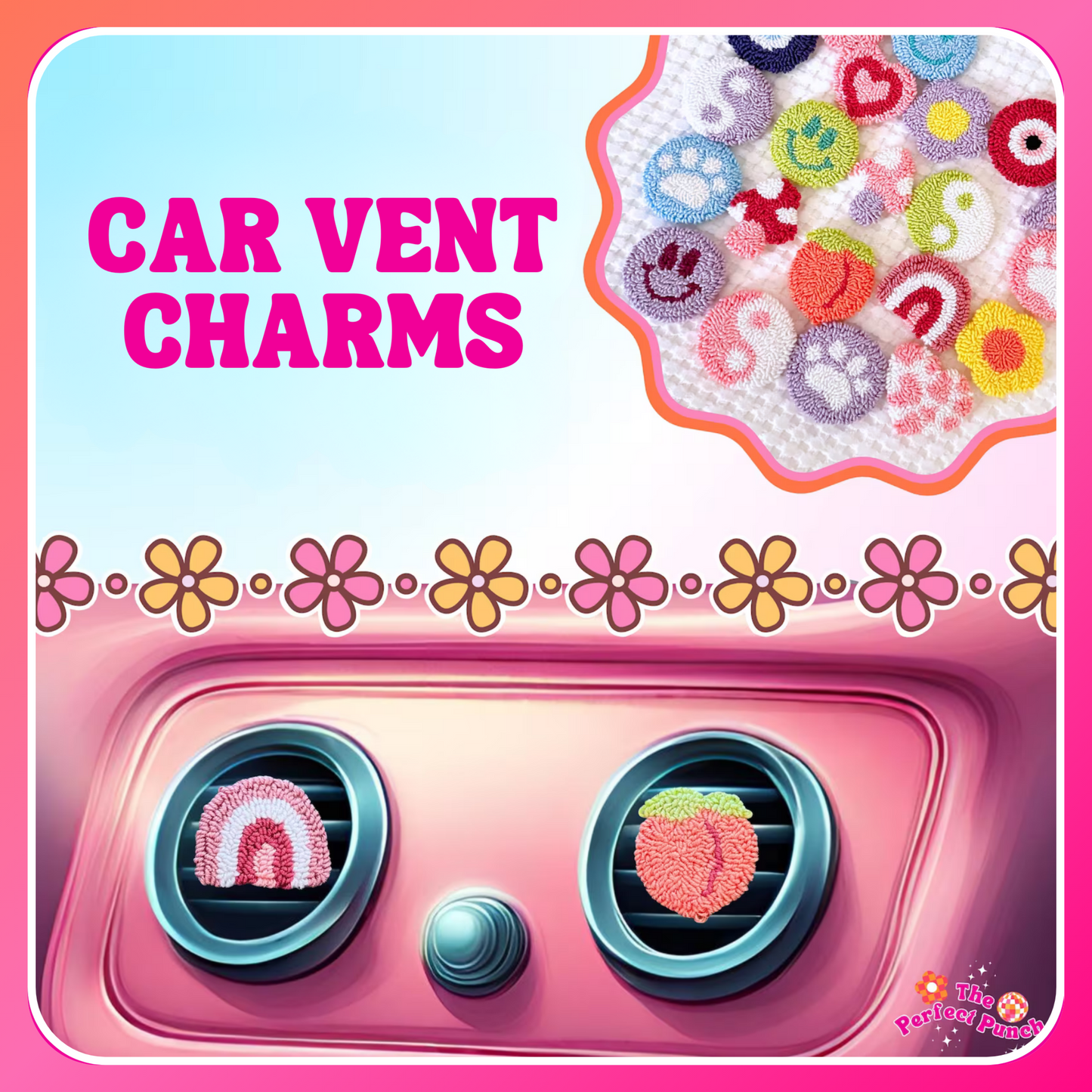 Punch Needle Car Decor Bundle | 2 Car Coasters + 2 Car Vent Charms